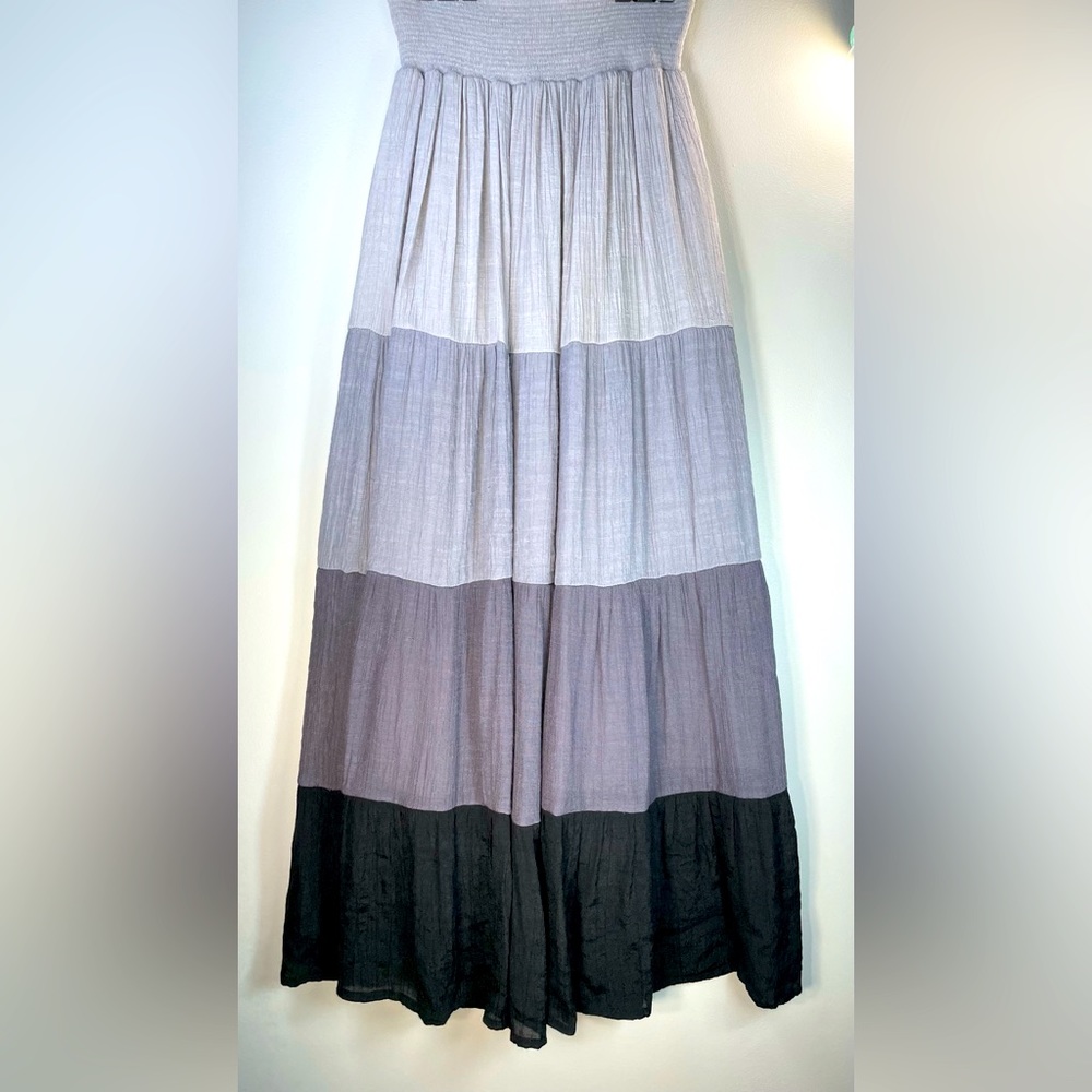 Black & Gray Tiered Blocked Ombré Maxi Skirt | Medium